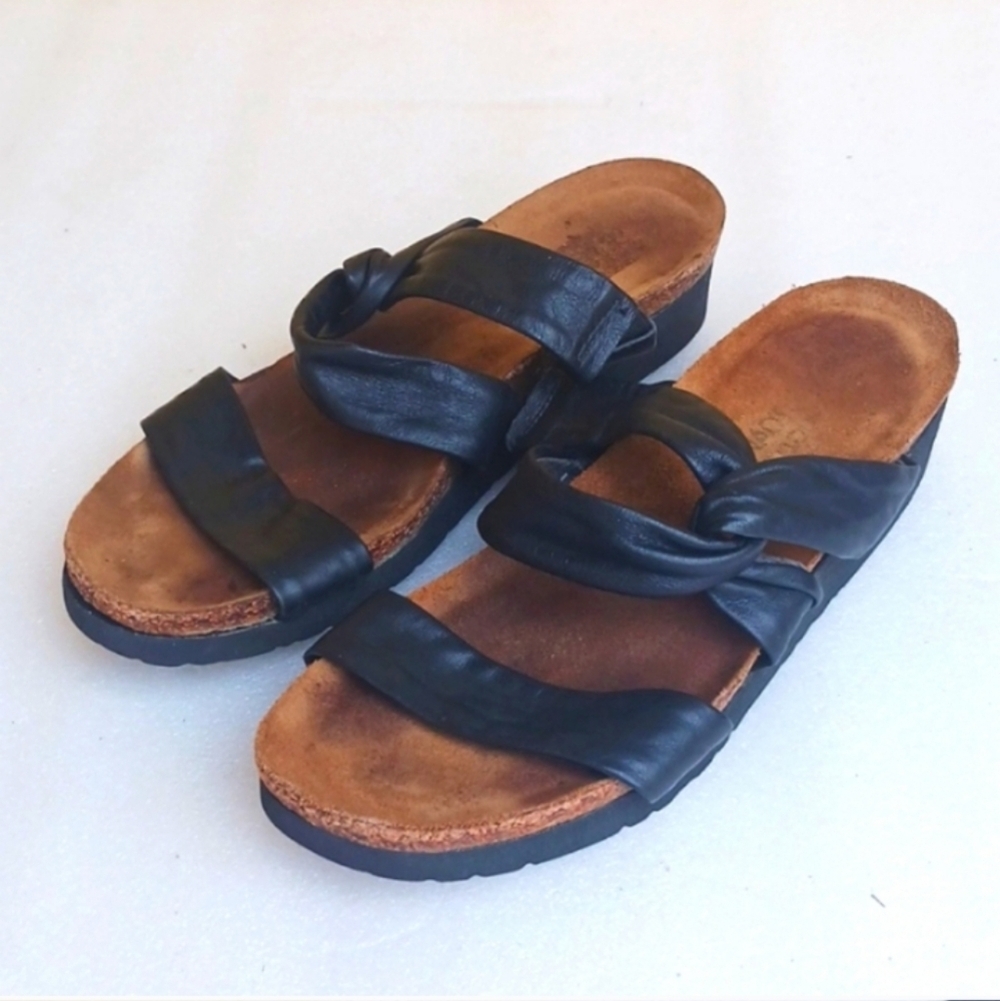 NOAT Black Leather Wedge Slide Sandals